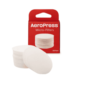 Badger & Dodo. A red box labeled AeroPress Filters with circular white filters stacked in front.