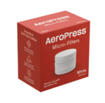 Badger & Dodo. AeroPress Filters: white micro-filters in a red box, 350-pack for coffee (shown as circular filters).