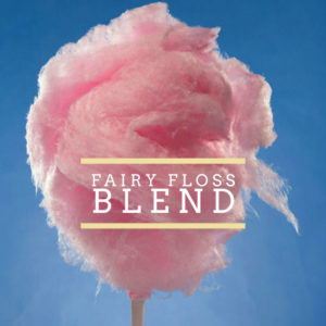 Badger and Dodo Coffee Roasters: Pink cotton candy on a stick set against a blue background, featuring the name Fairy Floss elegantly displayed in the center.