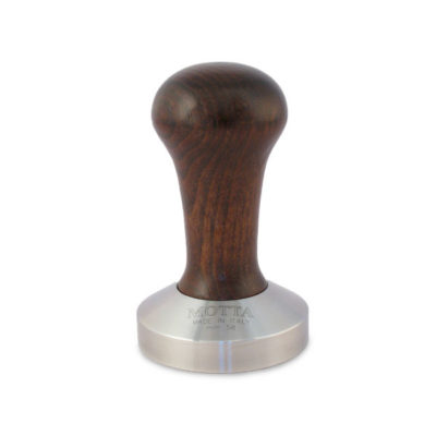 Badger and Dodo Coffee Roasters: The 58.5 mm Walnut Tamper features an ergonomically shaped, polished walnut handle and a flat, silver metal base engraved with Motta and Made in Italy for comfortable gripping.
