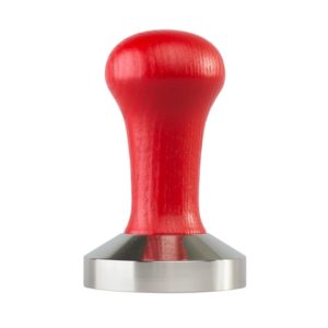 Badger and Dodo Coffee Roasters: The 58mm Red Tamper, with a stainless steel base, is poised against a white background, ready to press coffee grounds in a portafilter.