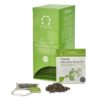 Badger and Dodo Coffee Roasters: The box of Solaris Organic Chun Mee Green Tea, open to reveal individual packets, sits elegantly with one packet in front, surrounded by loose leaves and a tea bag. The green box is labeled in white text.