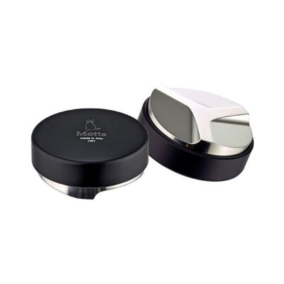 Badger and Dodo Coffee Roasters: Two black and silver coffee tampers with cylindrical bases and knurled edges. The Motta Distributor is upright, displaying its logo with text, while the other is tilted, highlighting its flat, metallic surface.