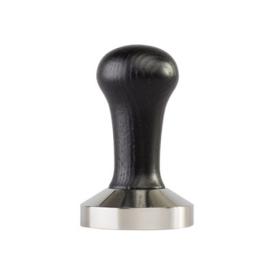 Badger and Dodo Coffee Roasters: The 58.4mm Precision Tamper, featuring a black ergonomic handle and flat stainless steel base, is essential for pressing coffee grounds in espresso preparation and is centered against a plain white background.