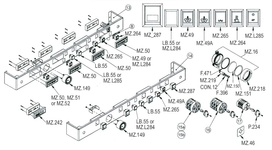 Badger and Dodo Coffee Roasters: An exploded diagram crafted by a technician, showcasing electronic components like switches, connectors, and indicator lights labeled MZ.287, MZ.49, and MZ.50. Components are artfully displayed separately, reminiscent of a modern-day Michelangelos precision work with connectors and sockets beneath.