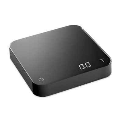 Badger and Dodo Coffee Roasters: The Acaia Pearl - Black (2021) digital kitchen scale has a sleek, modern design with elegantly rounded edges and a clear LED display reading 0.0. It features a power button in the lower left corner.