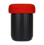 Badger & Dodo. A black, ribbed Aeropress Go Travel Kit with a red lid labeled AeroPress sits on a white background—ideal for coffee lovers on the go.