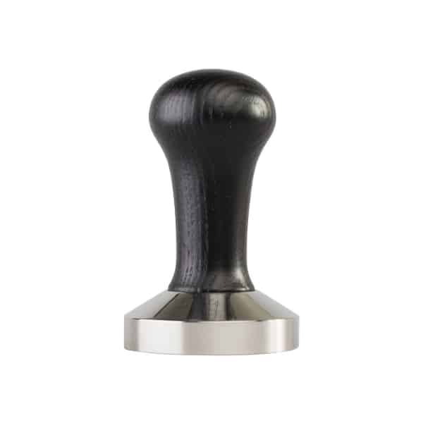 Badger and Dodo Coffee Roasters: A precision coffee tamper with a black, ergonomic wooden handle and a 58.4mm flat stainless steel base, designed for pressing grounds in an espresso portafilter. It is isolated on a white background.