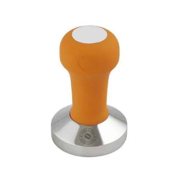 Badger and Dodo Coffee Roasters: A 58mm tamper with an orange handle and silver base, designed to press coffee grounds in a portafilter. The tamper features a round handle with a flat top and a wide, flat bottom for evenly distributing pressure. Perfect for achieving that perfect espresso shot every time.