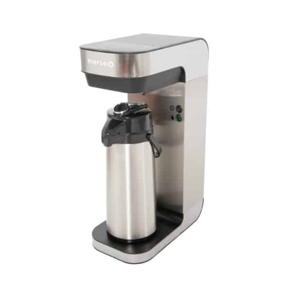 Badger and Dodo Coffee Roasters: A sleek stainless steel coffee machine with a tall silver and black carafe underneath. The design is modern and minimalistic, featuring a black base and top, with buttons and indicators on the side.