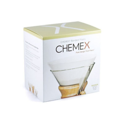 Badger and Dodo Coffee Roasters: The Chemex Filter Papers box features a beige and white design, an illustrated Chemex coffee maker on the front, and branding text. The box contains 100 filters.