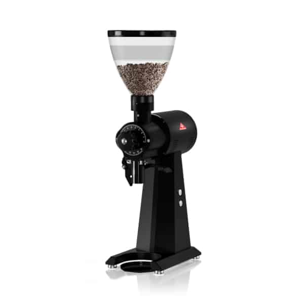 Badger and Dodo Coffee Roasters: A Mahlkonig EK43 black coffee grinder features a transparent hopper brimming with rich coffee beans. With its sleek design and circular base, its both functional and elegantly crafted for the discerning coffee enthusiast.