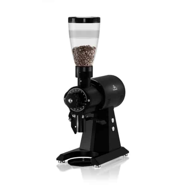 Badger and Dodo Coffee Roasters: A sleek, modern Mahlkonig coffee grinder with a clear hopper brimming with beans. The black EK43 model stands elegantly on a white background, showcasing its sophisticated design.