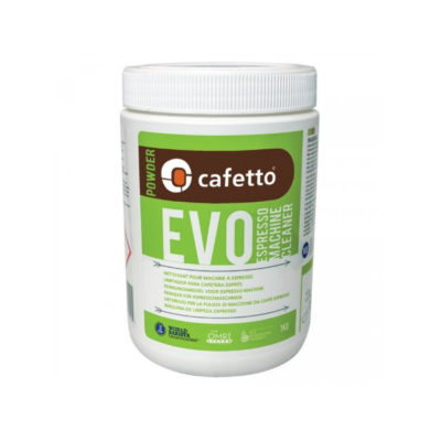 Badger and Dodo Coffee Roasters: A white container of Cafetto EVO, the espresso machine cleaner expert users trust. The label is mostly green with details in white and orange, showcasing the product name and usage instructions. The container features a screw-on lid for easy access.