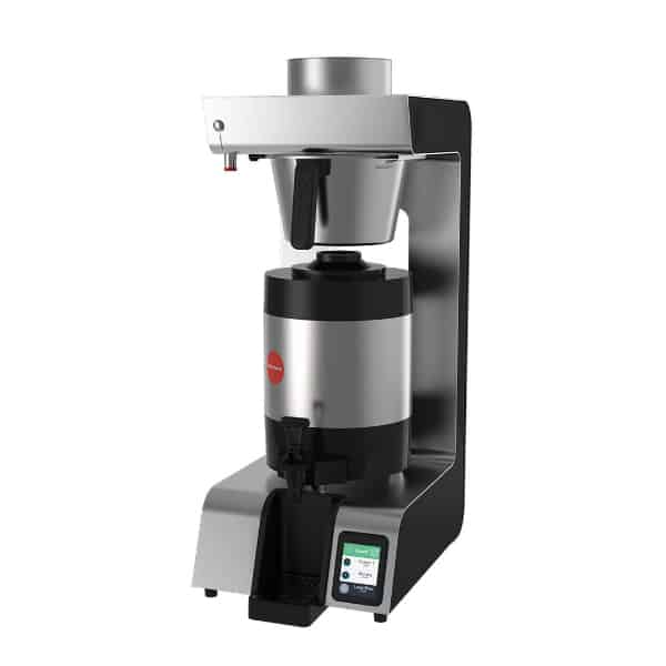 Badger and Dodo Coffee Roasters: Introducing the Marco JET6, a commercial batch brewer with a sleek metallic design and digital display. Featuring a large thermal carafe and top-loading coffee ground compartment, its modern, angular build in black and silver adds sophistication to any setting.