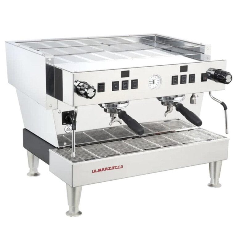 Badger & Dodo. A commercial stainless steel espresso machine, the La Marzocco Linea Classic features two group heads and a built-in pressure gauge for precise brewing.
