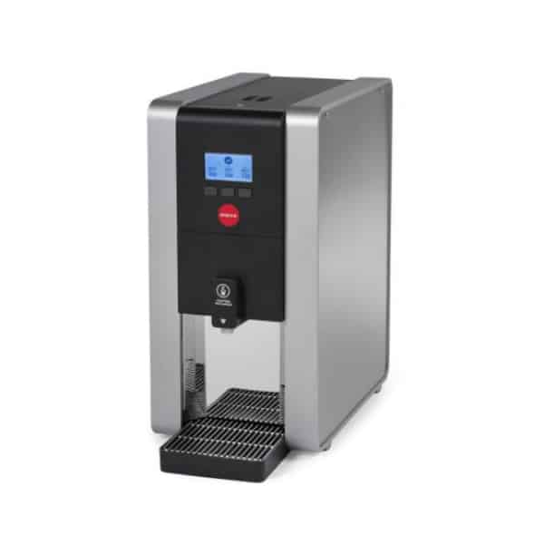 Badger and Dodo Coffee Roasters: A modern countertop hot water dispenser with a digital display and control buttons on the front. The machine is metallic gray with a black top and a red button at the center. A drip tray is located at the base.