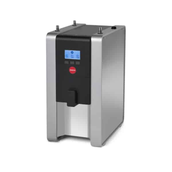 Badger and Dodo Coffee Roasters: The Marco Mix silver and black modern countertop hot water dispenser boasts a sleek design with a digital display. It features a front spout for easy dispensing and intuitive control buttons below the display, making it perfect for any contemporary kitchen.