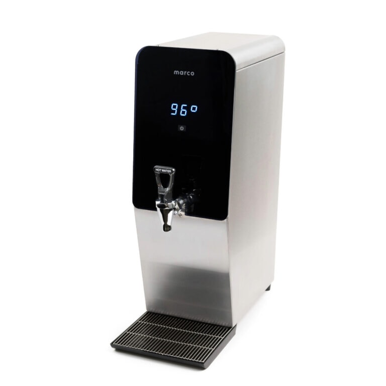 Badger & Dodo. A stainless steel Marco MT Series hot water dispenser featuring a digital temperature display reading 96°C and a drip tray.