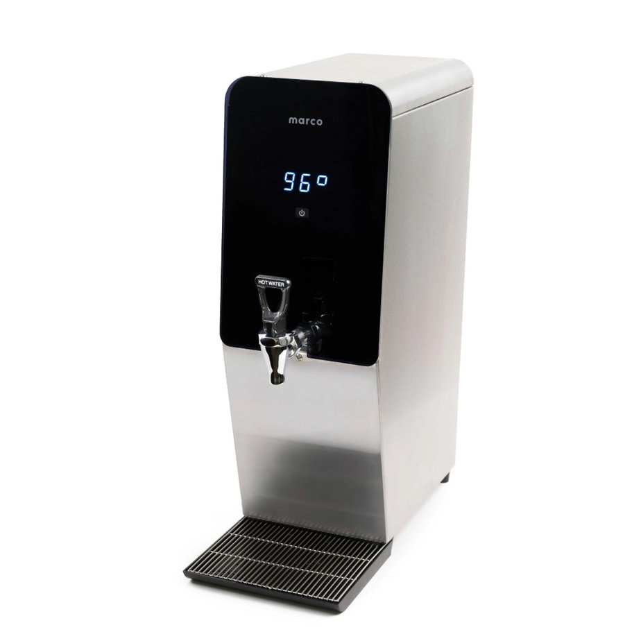 Badger & Dodo. A stainless steel Marco MT Series hot water dispenser featuring a digital temperature display reading 96°C and a drip tray.