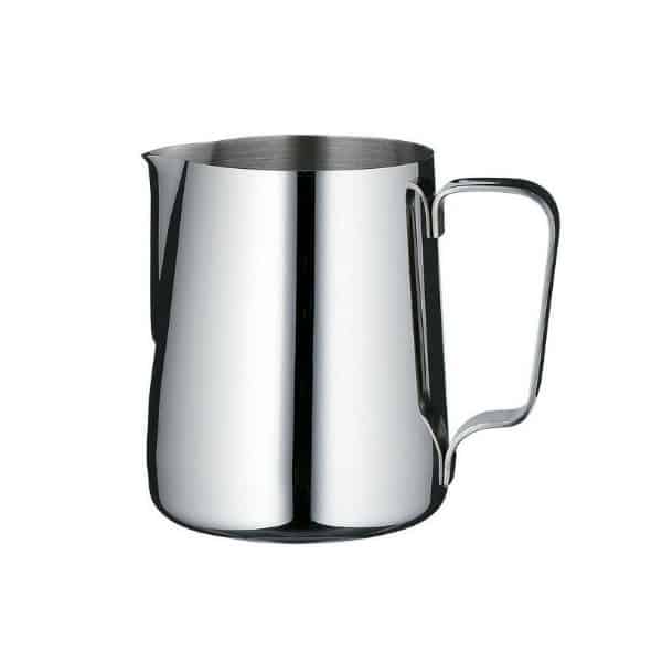 Badger and Dodo Coffee Roasters: This shiny stainless steel milk frothing pitcher, perfect among milk pitchers, features a simple spout and a sturdy handle. Its smooth, reflective surface and classic design make it ideal for steaming milk or frothing coffee with ease.