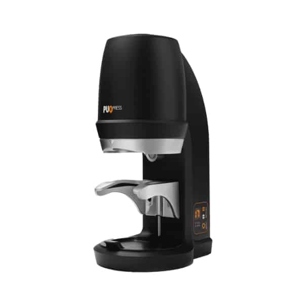 Badger and Dodo Coffee Roasters: A sleek, black espresso tamper machine with a streamlined design. It features a digital control panel on the side and a metallic portafilter holder, combining modern aesthetics with functionality for coffee preparation.