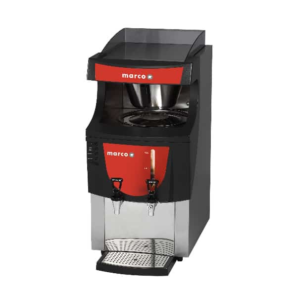 Badger and Dodo Coffee Roasters: The Marco Qwickbrew commercial coffee machine boasts a sleek black and red design, featuring two dispensers for quick brew capabilities and a drip tray at the bottom. The brand name Marco stands prominently on the front panel, ensuring quality with every cup.