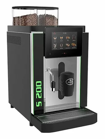 Badger and Dodo Coffee Roasters: The Rex Royal S200 is a modern black coffee machine featuring a digital touchscreen display with various coffee options. A transparent bean container tops it, alongside a milk frother. On the front, the cup platform showcases S 200 in distinctive green text.