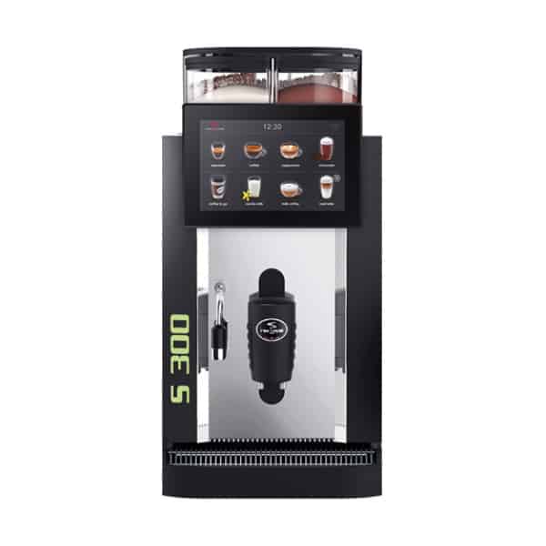 Badger and Dodo Coffee Roasters: The Rex Royal S300 is an automatic coffee machine featuring a digital display with options for espresso, cappuccino, and more. The model S300 is prominently displayed on the left side, ensuring you know youre using a premium device for your coffee needs.