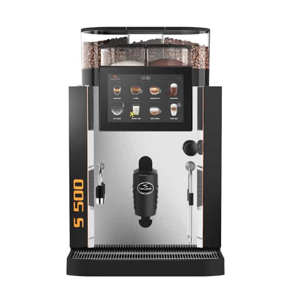 Badger and Dodo Coffee Roasters: The sleek black and silver Rex Royal S500 coffee machine features a touchscreen interface displaying various coffee options. Its top section showcases visible coffee beans, while S 500 is prominently displayed on the side, merging style with functionality.