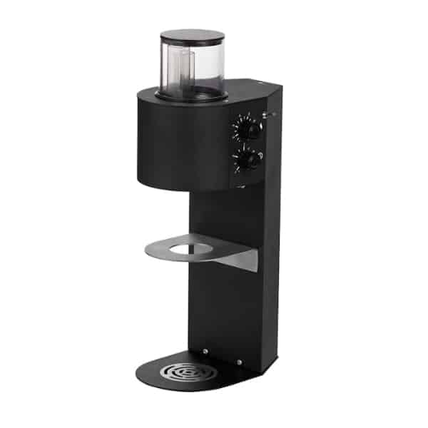 Badger and Dodo Coffee Roasters: A modern black freestanding coffee grinder with a cylindrical hopper on top, two adjustment dials, and a metal plate for support. The design is sleek and minimalist, with a circular base for stability.