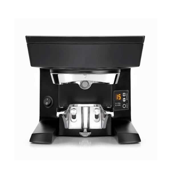 Badger and Dodo Coffee Roasters: Close-up of the M Series black coffee grinder with a digital display showing the number 15. This sleek design includes a power button on the side and a shiny metal spout, complementing the precision of your Puqpress or coffee tamper for perfect ground dispensing.