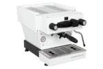 Badger & Dodo. The La Marzocco Linea Mini - Bianca espresso machine features gauges, a steam wand, and drip tray, all elegantly branded with La Marzocco on the front.