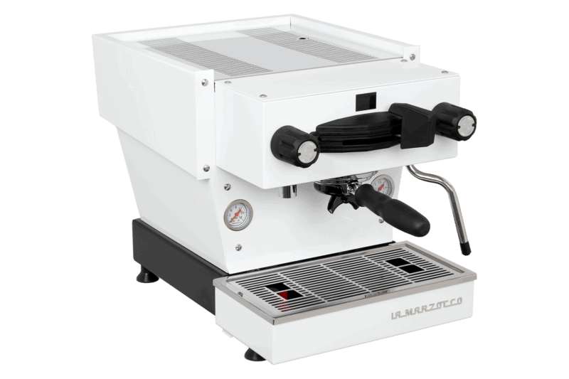 Badger & Dodo. The La Marzocco Linea Mini - Bianca espresso machine features gauges, a steam wand, and drip tray, all elegantly branded with La Marzocco on the front.