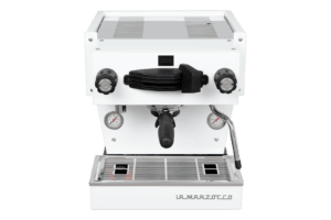Badger & Dodo. Front view of a white La Marzocco Linea Mini - Bianca espresso machine featuring dual gauges and a portafilter.