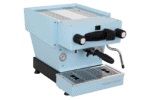 Badger & Dodo. The La Marzocco Linea Mini - Blue espresso machine features a portafilter, steam wand, gauges, and a drip tray, shown on a white background.