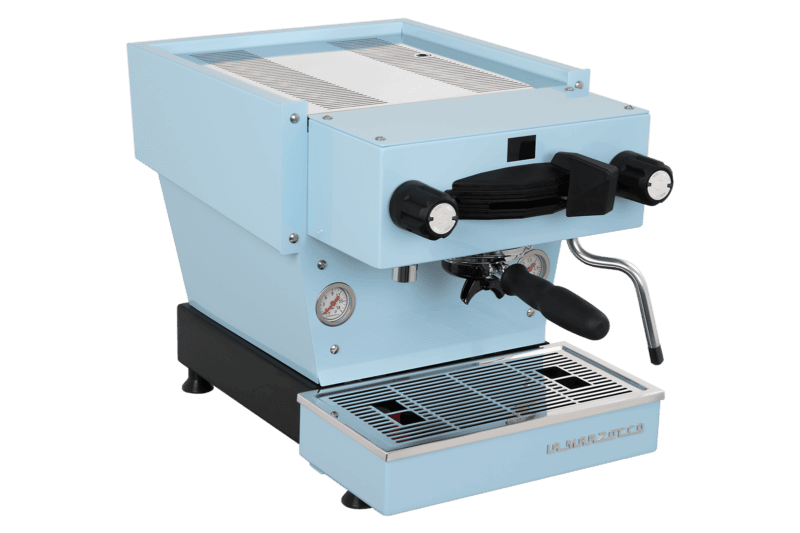 Badger & Dodo. The La Marzocco Linea Mini - Blue espresso machine features a portafilter, steam wand, gauges, and a drip tray, shown on a white background.
