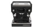 Badger & Dodo. Front view of a sleek La Marzocco Linea Mini - Nera, black and silver espresso machine on a gray background.
