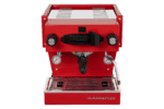 Badger & Dodo. La Marzocco Linea Mini - Rossa espresso machine with two knobs, a portafilter, and a steam wand, viewed from the front.