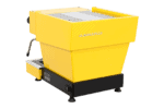 Badger & Dodo. A La Marzocco Linea Mini - Yellow espresso machine featuring a sleek black base, shown from the back and side.