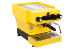 Badger & Dodo. The La Marzocco Linea Mini - Yellow espresso machine includes a steam wand, pressure gauge, and metal drip tray in a bright yellow finish.