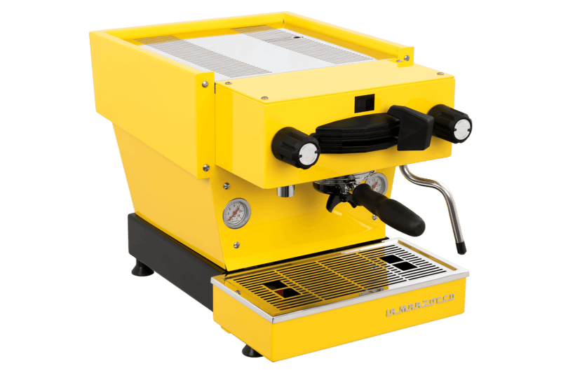 Badger & Dodo. The La Marzocco Linea Mini - Yellow espresso machine includes a steam wand, pressure gauge, and metal drip tray in a bright yellow finish.