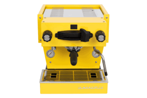 Badger & Dodo. Front view of the La Marzocco Linea Mini - Yellow featuring black handles and dual gauges.
