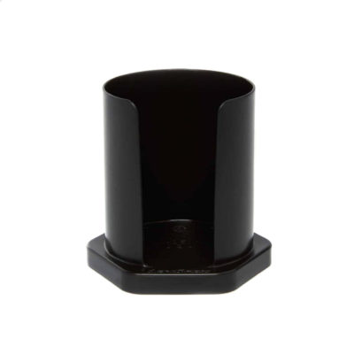 Badger and Dodo Coffee Roasters: The Aeropress Replacement Filter Holder, a black cylindrical plastic piece with cut-out sides, sits on a matching hexagonal base against a white background.