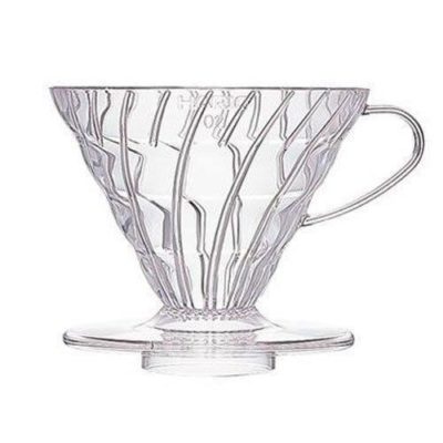 Badger and Dodo Coffee Roasters: The Hario V60 Dripper is a see-through, cone-shaped coffee brewer with vertical ridges and a handle, ideal for manual pour-over brewing. It features a flat base that fits perfectly on your favorite cup or carafe.