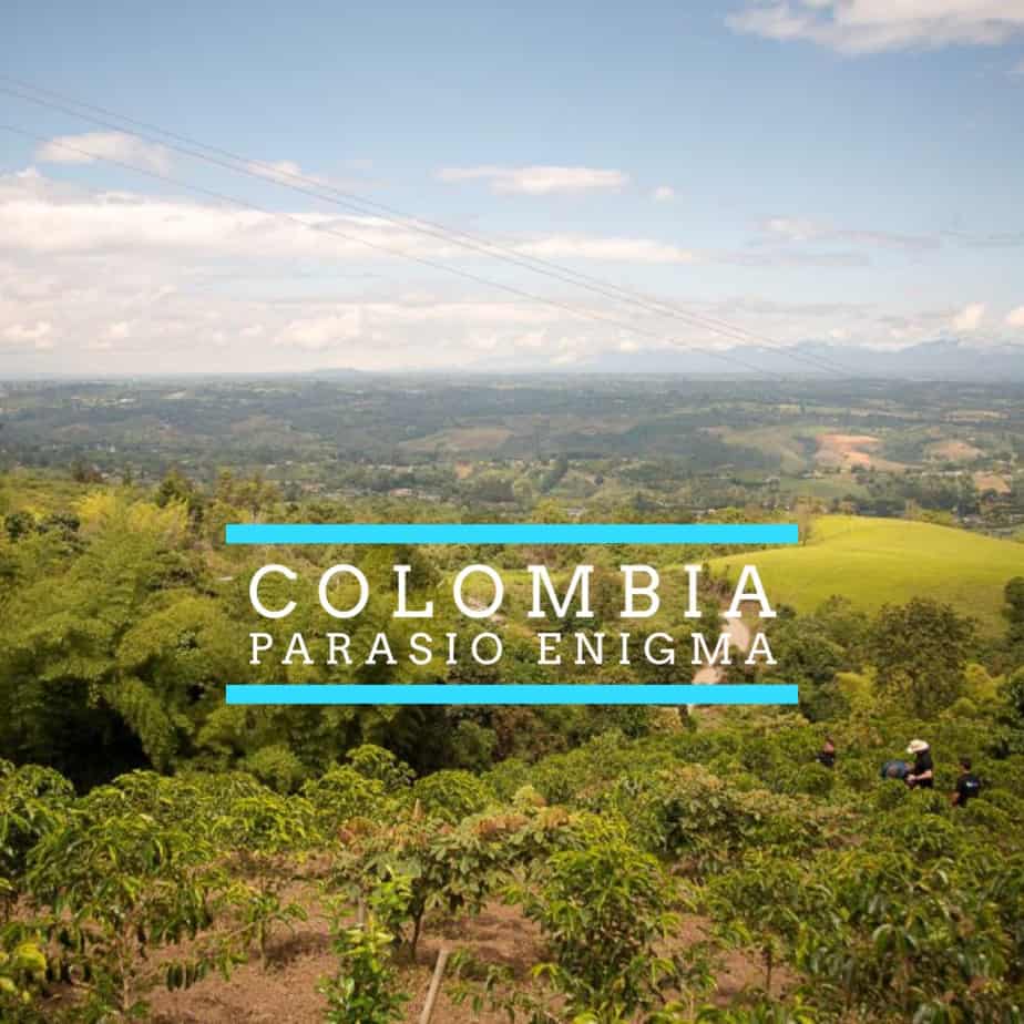 Badger and Dodo Coffee Roasters: Scenic view of a lush, green landscape in Colombia with hills under a partly cloudy sky. The text Colombia Paraiso Enigma is overlaid in the center.