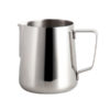 Badger and Dodo Coffee Roasters: The 475ml / 16oz Milk Pitcher, made of stainless steel with a spout and handle, is ideal for steaming milk in coffee preparation and is highlighted against a plain white background.