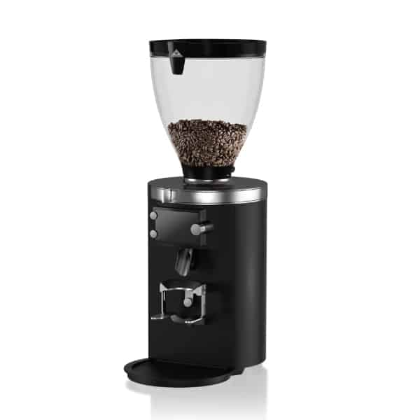 Badger and Dodo Coffee Roasters: The Mahlkonig E80 is a sleek black electric coffee grinder with a transparent top filled with beans, featuring Grind by Weight technology. It boasts a silver circular detail, adjustable dials, and includes a handy tray at the base for convenience.