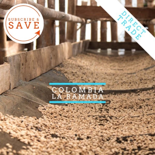 Badger and Dodo Coffee Roasters: Coffee beans dry on a large wooden tray in sunlight. A circular badge reads Subscribe & Save, and a diagonal banner says Direct Trade. The text highlights the rich flavor profile of Colombia – El Tambo.