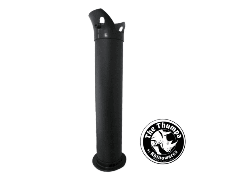 Badger & Dodo. The Rhinowares Knockbox Floor Tube is a tall black tube featuring the Thumpa logo in the bottom right corner—perfect for busy cafés, similar to the Crema Pro Knock Tube.